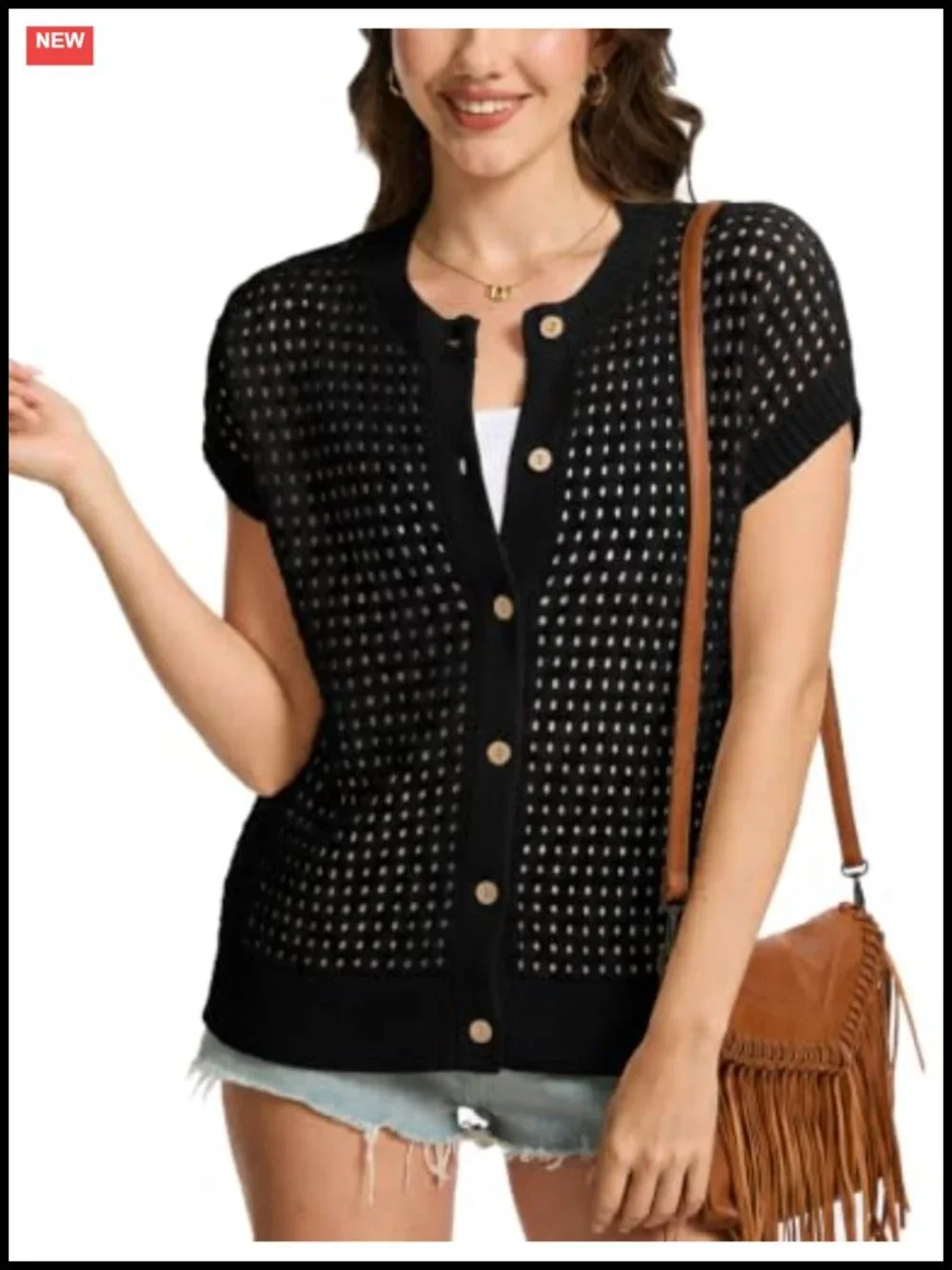 Women's Crochet Sweater Vest Hollow Out Button Down Cardigans